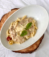 Creamy three cheese pasta sauce with pancetta and mushrooms