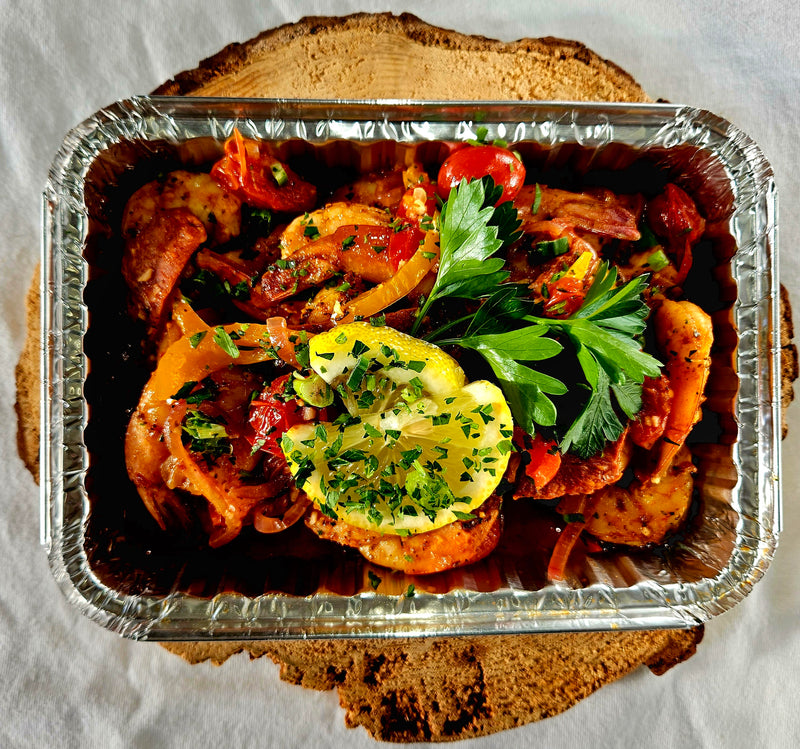 Crevettes flambées à la portugaise, cognac et chorizo